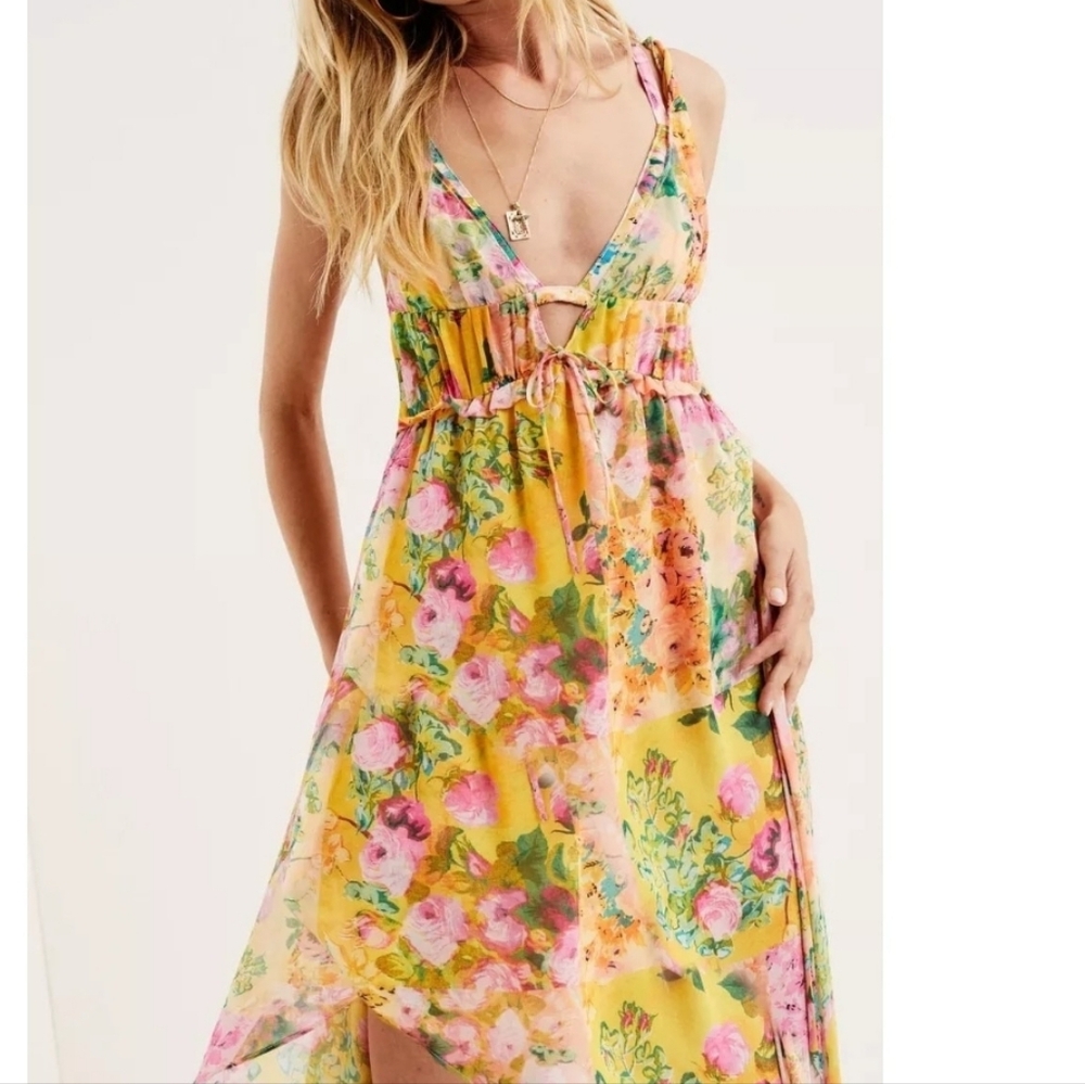 Yellow Floral V-Neck Maxi Dress